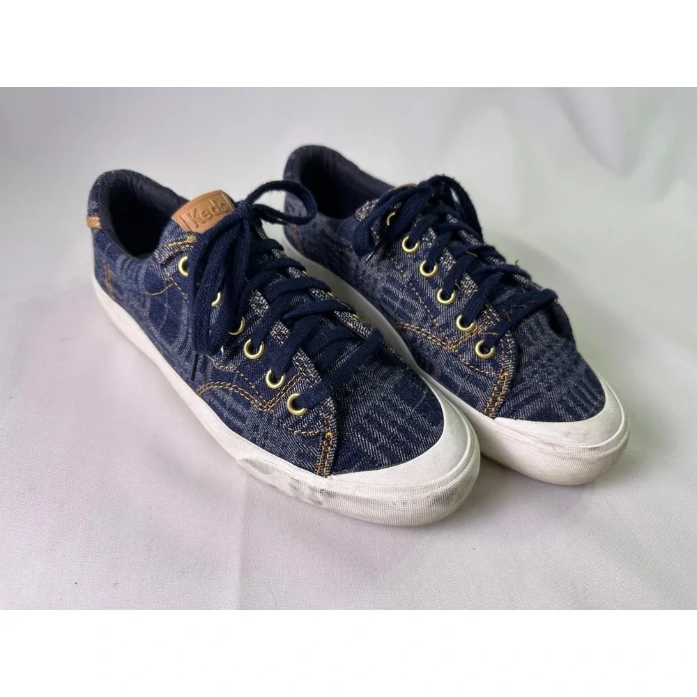 Keds Jump Kick Denim Sneakers Women Size 8 Blue Plaid Canvas Casual Low Top Shoe